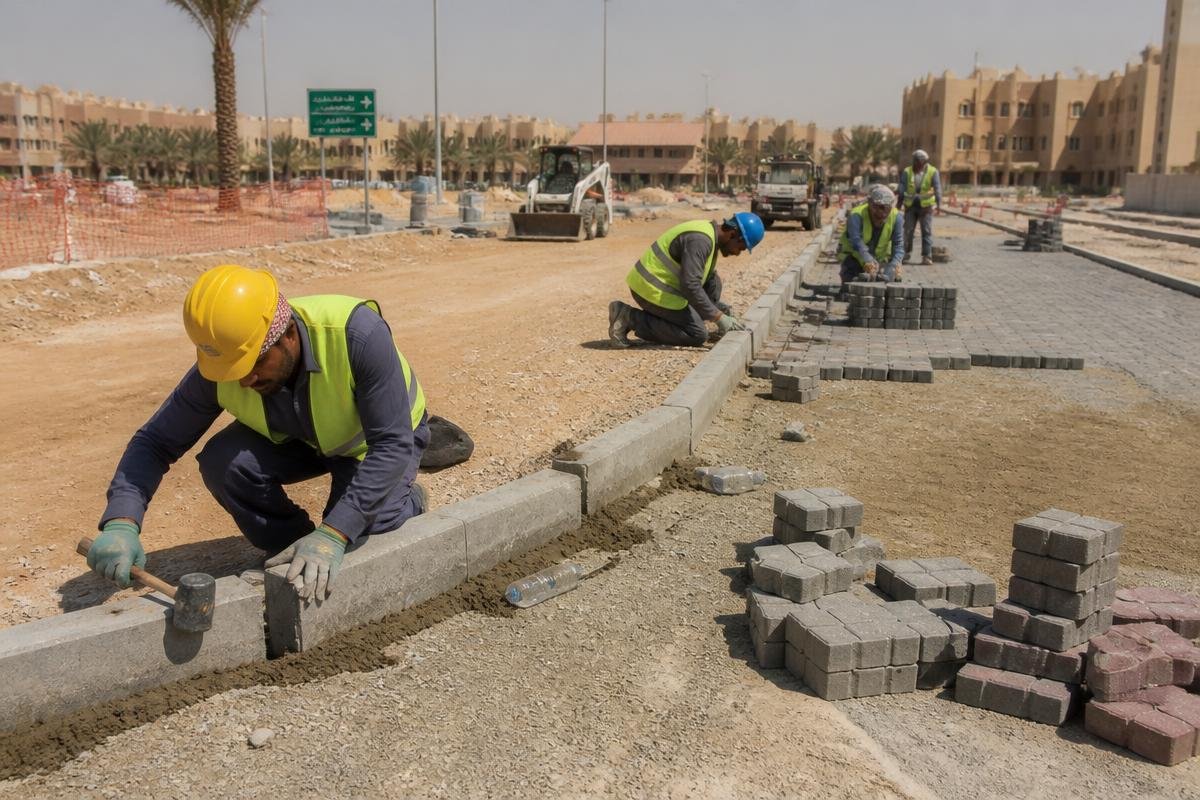 عمال أثناء تركيب البردورات ورصف بلاط الإنترلوك